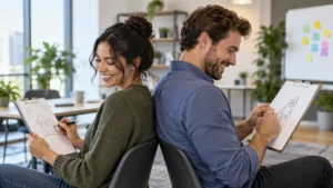 coworkers playing a back-to-back communication skills game